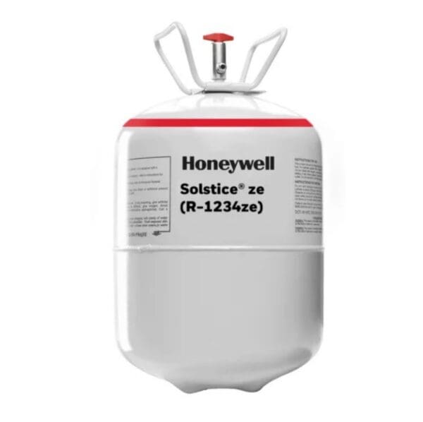 A Honeywell refrigerant cylinder labeled Solstice® ze (R-1234ze).