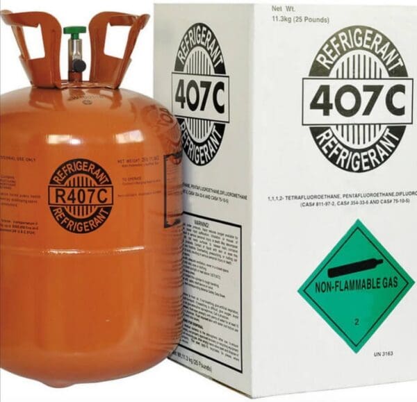 A 407C refrigerant gas cylinder and its packaging box.