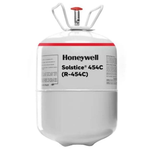 A Honeywell Solstice 454C refrigerant cylinder with a red valve handle.