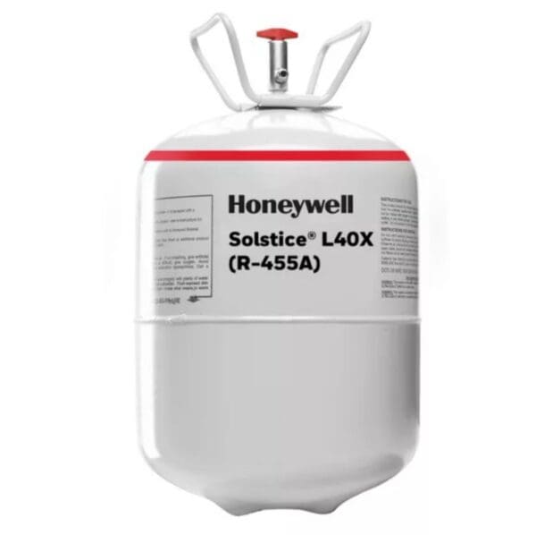 Honeywell Solstice L40X refrigerant container with valve and handle.