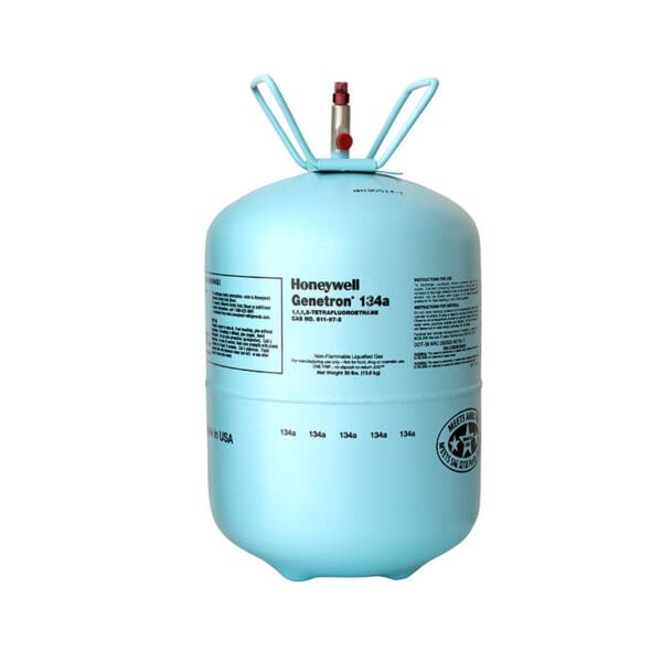 A light blue refrigerant gas cylinder with a valve on top.