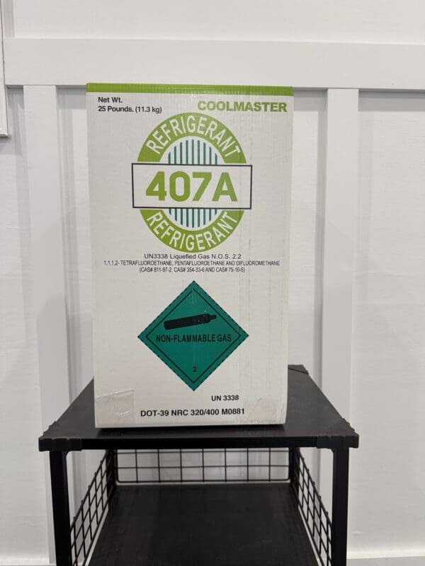 A container labeled R-407A refrigerant on a black cart.