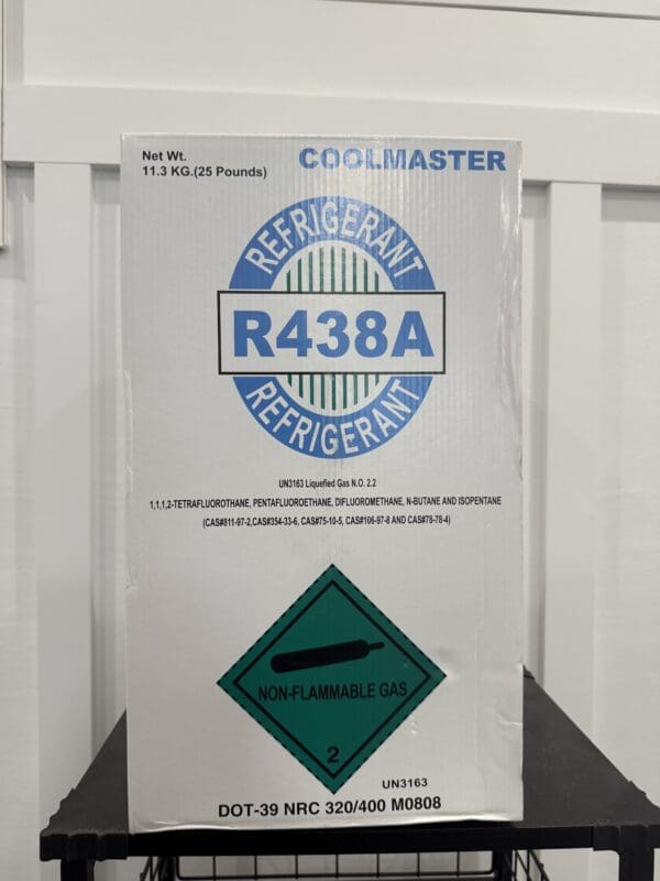 Container labeled with refrigerant R438A and hazard warning.