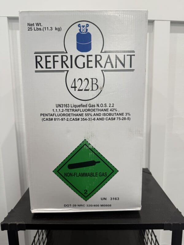 Box labeled Refrigerant 422B with environmental hazard symbol.