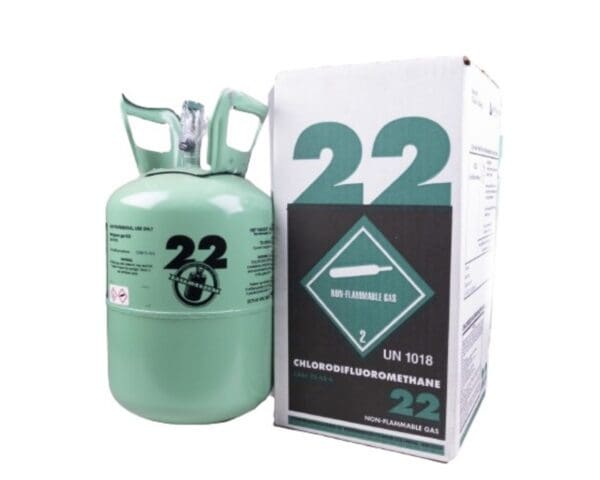 A green refrigerant gas cylinder labeled R-22 with its packaging box.