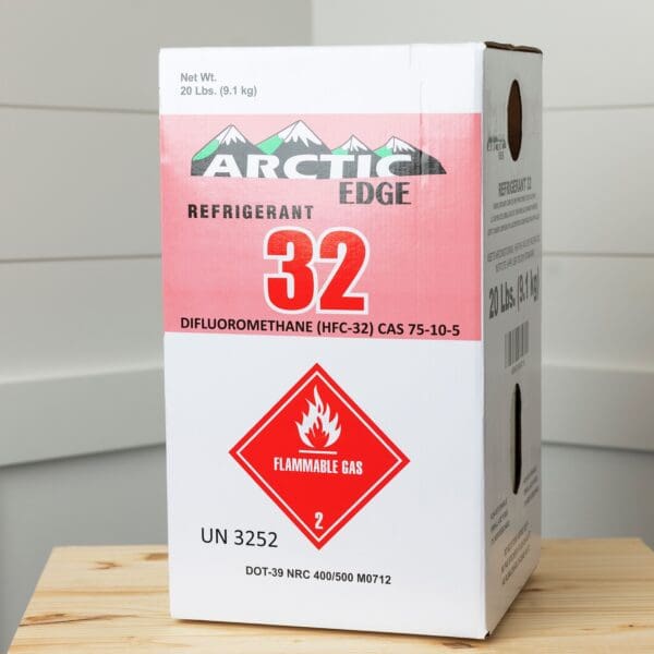 A box of Arctic Refrigerant R-32 with safety warnings.