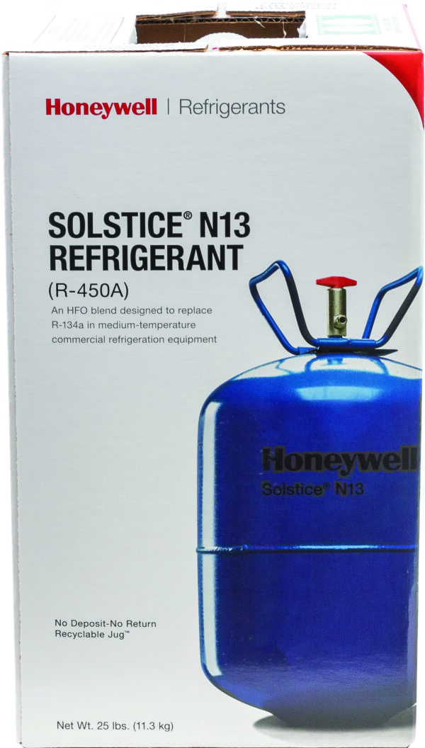 Blue Honeywell Solstice N13 refrigerant tank with red and blue valve handles.