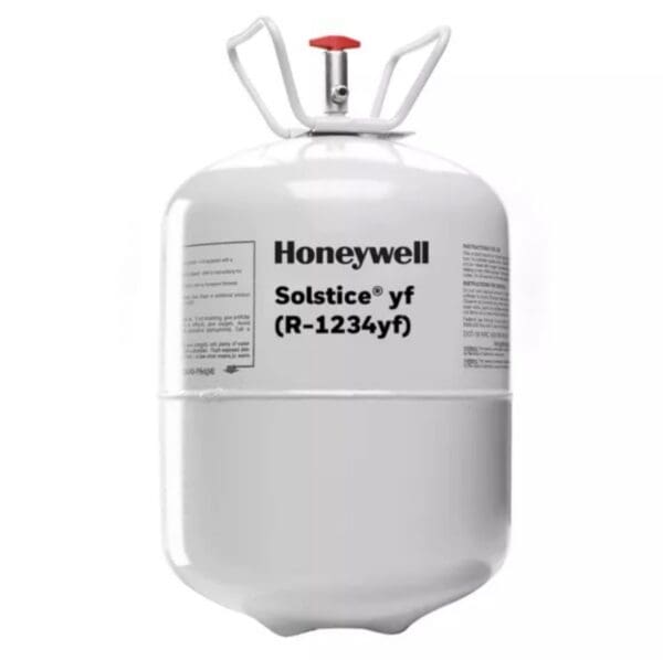 A white Honeywell refrigerant cylinder labeled Solstice yf (R-1234yf).