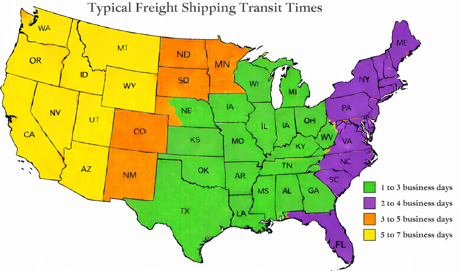 Map showing typical freight shipping transit times across U.S. regions.