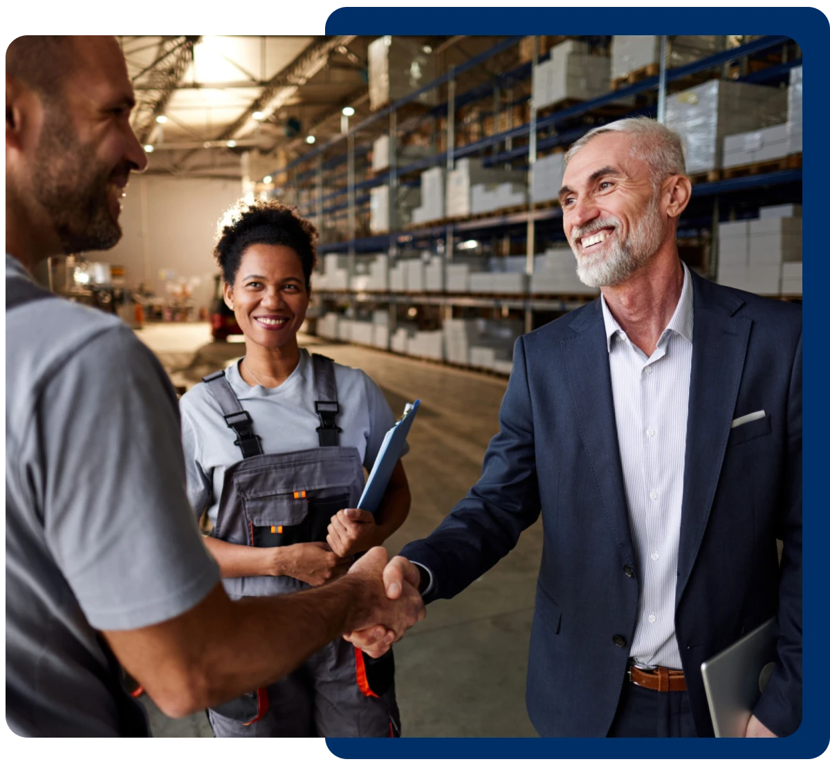 Businessman and workers smiling