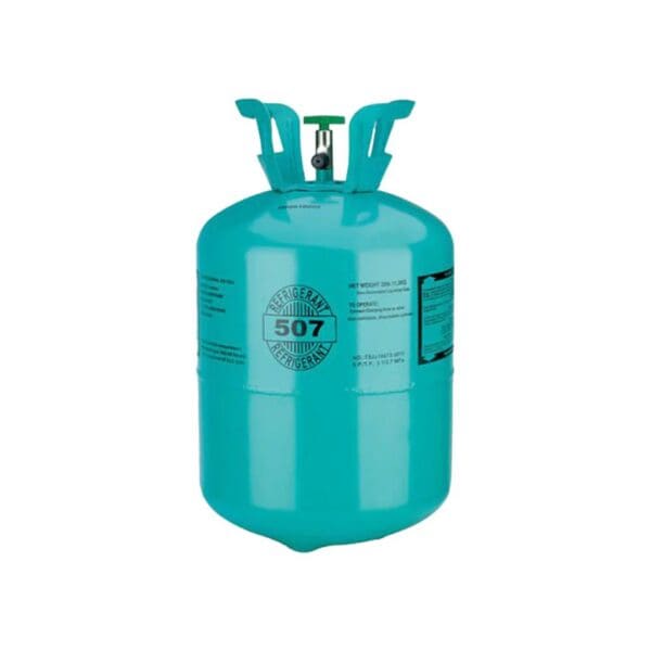 A teal refrigerant gas cylinder with valve and label.