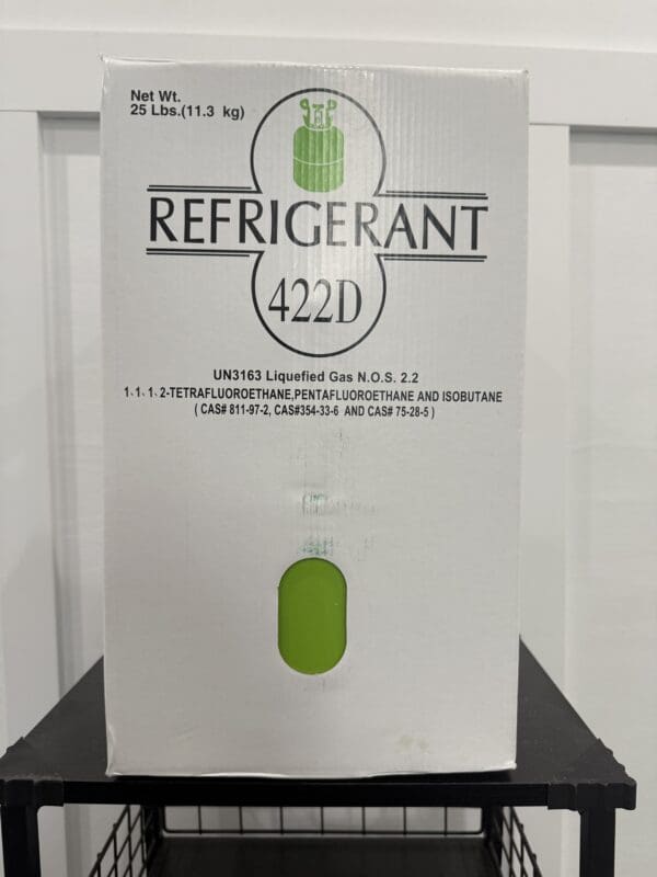 A box labeled 'Refrigerant 422D' with green leaf logo and text.